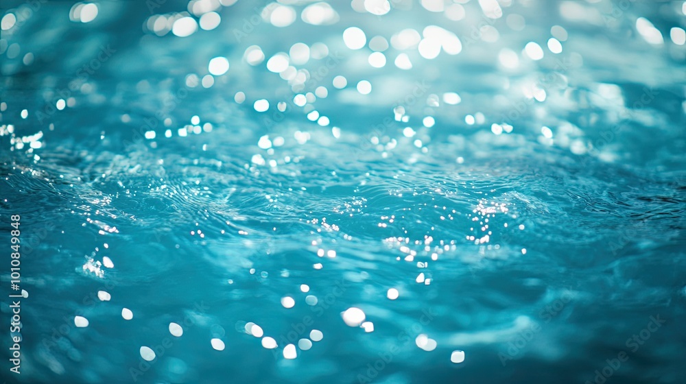 Poster blurred clear blue water surface with ripples and shimmering light patterns. defocused texture with 