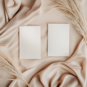 Two holiday, wedding blank cards on a beige background with dry pampas grass, beige silk fabric, and a boho aesthetic. Vertical card mockup template for wedding invitation, menu, branding design
