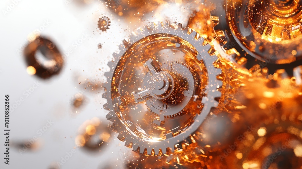Poster 3d render of metallic gears in motion with dynamic glowing particles. the abstract composition repre