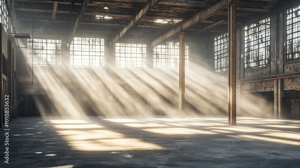 Poster dust particles float in beams of sunlight streaming through the windows of a rustic warehouse, illum