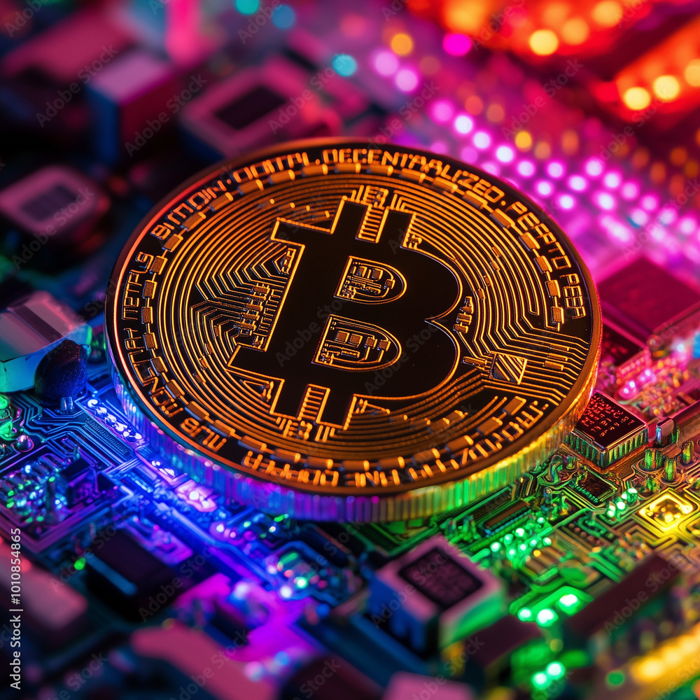 Poster bitcoin coin displayed on a colorful circuit board with glowing lights representing technological ad