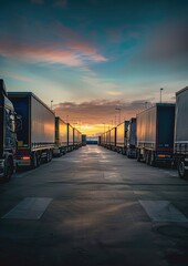 Obraz premium A fleet of cargo trucks parked in a lot, ready for transportation as the sun rises over the horizon.