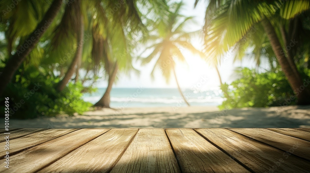 Poster empty wooden table in focus with a softly blurred beach and coconut palms in the background, creatin