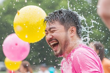 Water balloon fight breaking out among coworkers. The picnic turns into a splash-filled fun time, Generative AI