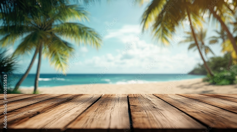 Poster empty wooden table in focus with a softly blurred beach and coconut palms in the background, creatin