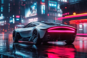 Fototapeta premium A sleek modern electric car speeding through a neon-lit futuristic cityscape at night.