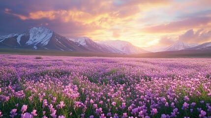 Expansive cosmos flower field during sunset, bathed in warm light with snow-capped mountains looming in the background under a colorful, tranquil sky.