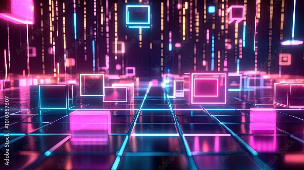 Poster futuristic 3d rendering of neon grids and geometric shapes, creating a vibrant digital background fo