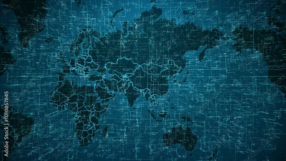 Poster global technology map: digital world with blue circuitry, ai, and cyber network for data and cloud c