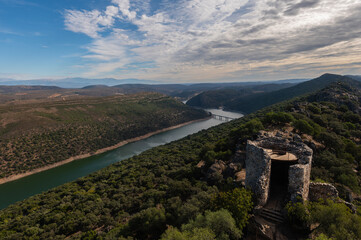 View of River Tagus (Tajo) from the Monfrague Castle in Monfrague National Park, Spain, a renowned destination for bird watching