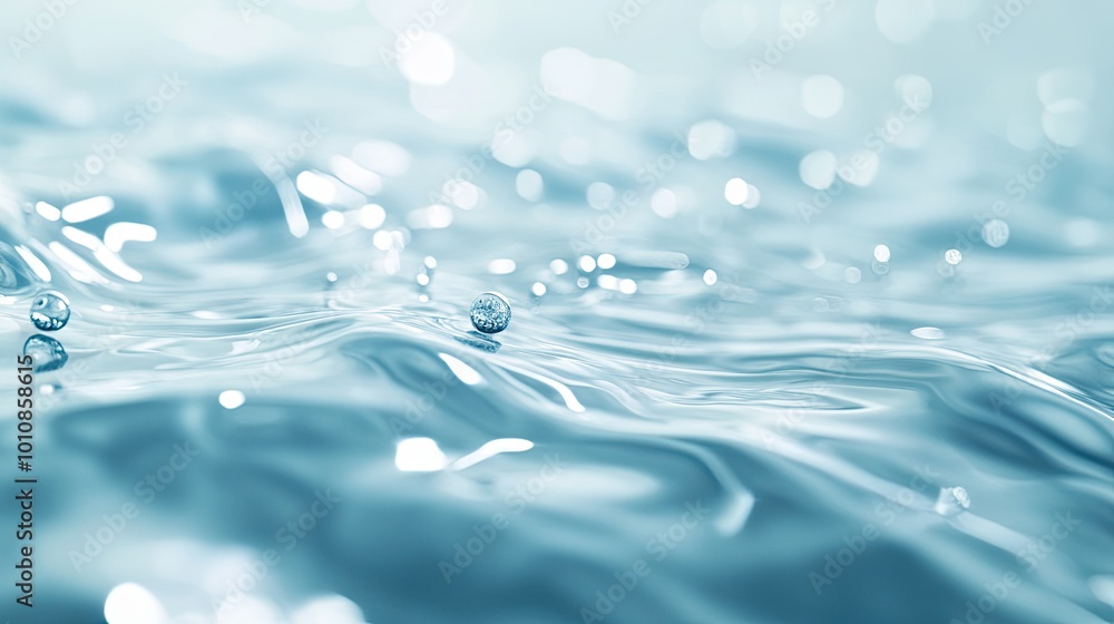 Poster gentle ripples on blue water, clear and transparent surface with a blurred, defocused texture. light