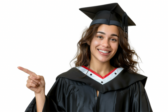 A woman in a graduation gown is pointing to the camera with a smile on her face