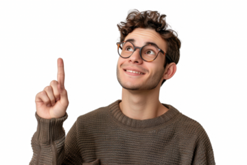 A man with glasses is pointing up and smiling