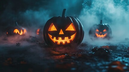 Group of eerie Halloween pumpkins glowing in the dark amidst thick fog, with an ominous atmosphere perfect for a horror holiday setting.
