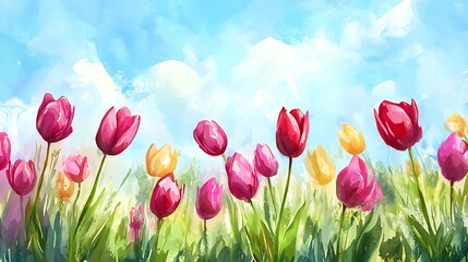 Watercolor Painting of Tulips in a Field.
