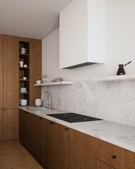 Modern kitchen design with elegant marble and beautiful wooden elements for aesthetic appeal