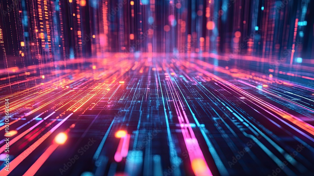 Poster high-tech digital background featuring a 3d rendering of glowing grids and light trails, perfect for