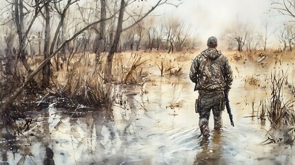Hunter Walking Through a Swamp in Watercolor.