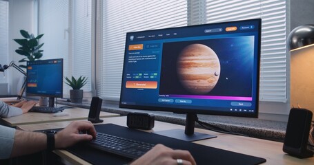 Naklejka premium Man types prompt in AI video generator on computer. Artificial intelligence chatbot app generate detailed high-quality video of Jupiter and its moon. Female colleague works on PC in the background.
