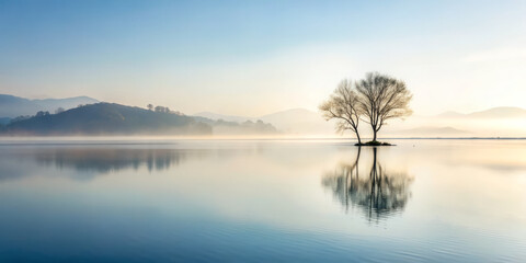 Fototapeta premium serene landscape featuring solitary tree on island, reflecting beautifully in calm waters. soft morning light creates tranquil atmosphere, surrounded by misty mountains