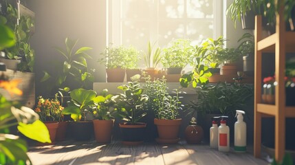 Fototapeta premium Indoor gardening setup with multiple plants growing in pots around a sunlit room. Flower care essentials like spray bottles and fertilizers are neatly organized.