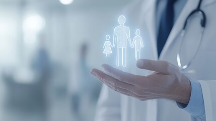 2410_033.physician presenting virtual family symbol, gentle hand posture, navy necktie, light blue ambient lighting, medical office setting, patient care visualization