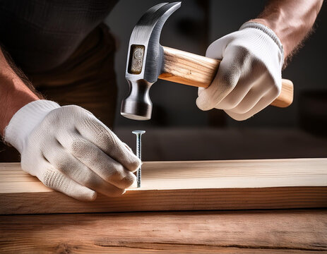 Close up de las manos de un carpintero con guantes y un martillo clavando un clavo sobre una tabla de madera