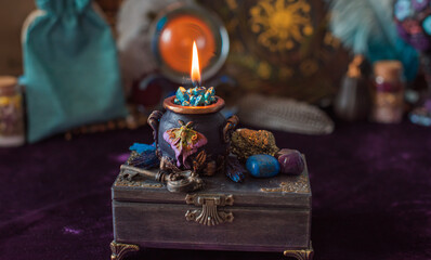 Illustration for celebrating Halloween party, spooky details and magical stuff, candles and pumpkins