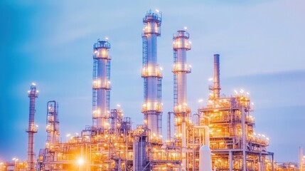 A brightly lit industrial facility at dusk, showcasing tall structures and pipes, characteristic of an oil refinery or chemical plant.