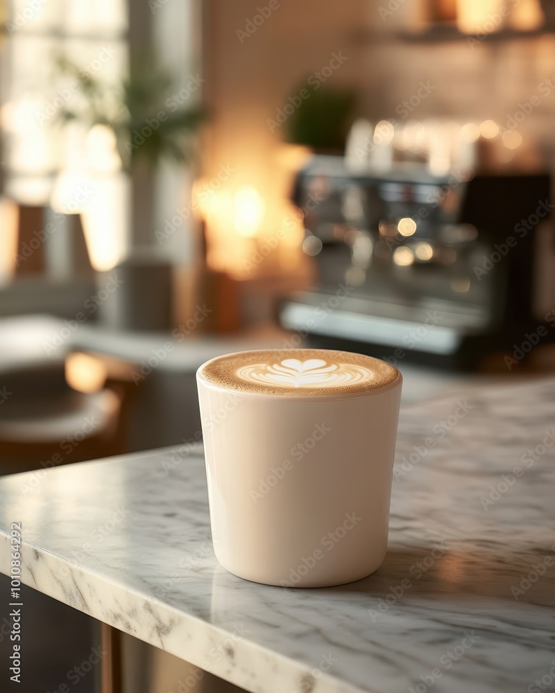 Poster a latte with intricate foam art sits on a marble countertop in a cozy caf? setting.