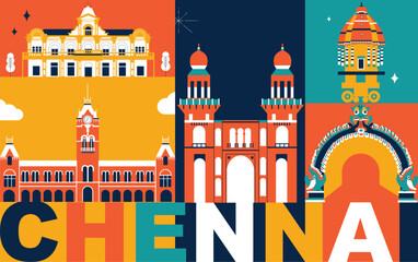 Chennai culture travel set, Indian famous architectures and specialties in flat design. Business travel and tourism concept clipart. Image for presentation, banner, website, advert, flyer, roadmap