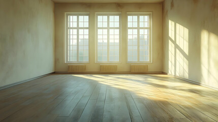 Fototapeta premium Empty Room with Sunlight Shining Through Windows - 3D Illustration