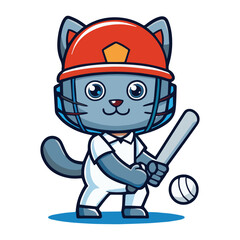  Bold Line Art Funny Cat Wearing Helmet and Batting Cricket Ball Vector Illustration with Solid Color Background