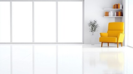 Fototapeta premium A bright, minimalist living space with a yellow chair, shelves, and potted plant.