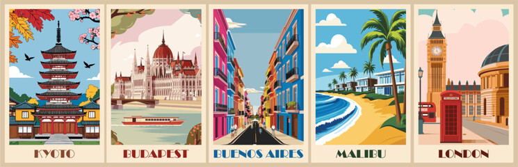 Set of Travel Destination Posters in retro style. Kyoto, Busnos Aires, Malibu, London cityscape digital prints. International summer vacation, holidays concept. Vintage vector colorful illustrations.	