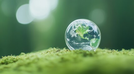 2410_144.miniature planet earth sculpture, doctor's listening tool on mossy ground, ethereal forest backdrop, planet conservation theme, ultra-sharp focus on globe, dreamy atmospheric haze, nature
