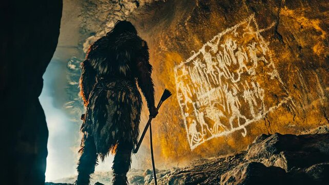 A primitive man stands in a cave, holding a spear and gazing at a large cave painting depicting ancient figures and animals