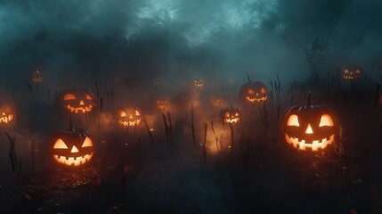 Naklejka premium Sinister jack-o'-lanterns glowing in the dark fog, with an eerie mist surrounding them, creating a spooky Halloween night.