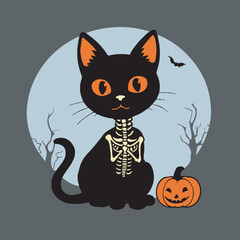 Cute black cat in a witch hat sitting with a Halloween pumpkin in Moon night with bat