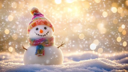 Obraz premium Whimsical Snowman in Colorful Attire, Cheerfully adorned with a vibrant knitted hat and scarf, exuding joy amidst falling snowflakes and a soft glowing background.