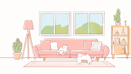 Pink living room with cat
