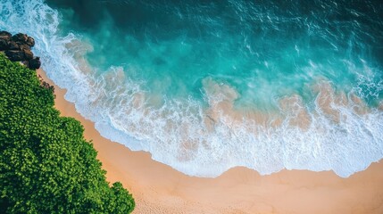 Stunning top-down view of a Vietnam beach with soft ocean waves gently reaching the shore, creating a natural and peaceful summer vibe.