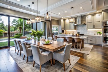 A breathtaking modern kitchen and dining area in a luxurious home, showcasing elegant decor and designs for the
