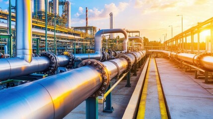 A vibrant industrial scene featuring large pipelines under a sunset sky, highlighting the infrastructure of the oil and gas industry.