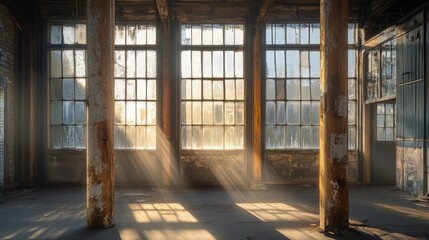 Sunlight pouring through broken windows of a deserted warehouse, highlighting the exposed wooden columns and weathered textures of the rustic interior.