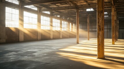 Fototapeta premium Sunlight shining through high windows casts soft, warm beams over the weathered columns and concrete floor of an empty rustic warehouse.