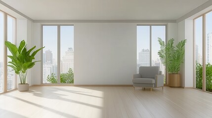Fototapeta premium A bright minimalist living room with large windows, plants, and a single armchair.