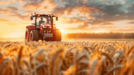 A red tractor works in a golden wheat field at sunset, surrounded by a beautiful sky, showcasing agricultural beauty and productivity.