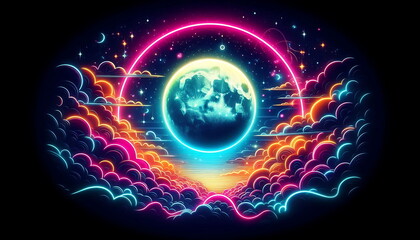 Obraz premium Colorful Neon Landscape Art - Background Wallpaper - Moonlit Sea and Clouds – Perfect for Home Decor, Poster Design, Music Cover Art, and YouTube Thumbnails 