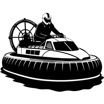 recommend clip art: Hovercraft Adventure: A stylized black and white illustration of a hovercraft speeding across the water, driven by a helmeted pilot. Perfect for adventure, speed, and technology themes. 
